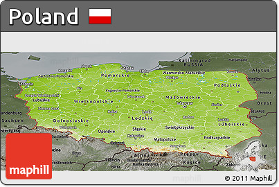 Physical Panoramic Map of Poland, darken, semi-desaturated