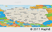 Shaded Relief Panoramic Map of Poland, political outside, shaded relief sea