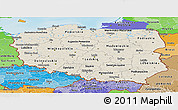 Shaded Relief Panoramic Map of Poland, political shades outside, shaded relief sea