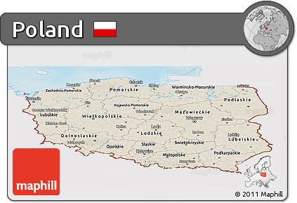 Shaded Relief Panoramic Map of Poland, single color outside