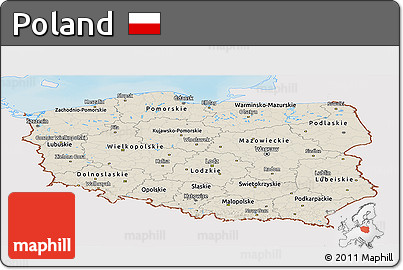 Shaded Relief Panoramic Map of Poland, single color outside