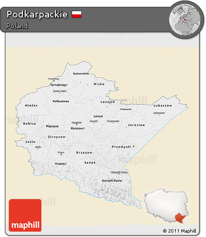 Classic Style 3D Map of Podkarpackie, single color outside