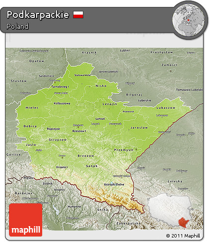 Physical 3D Map of Podkarpackie, semi-desaturated