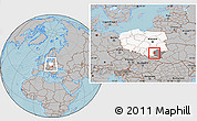 Gray Location Map of Debica, highlighted country, highlighted parent region, within the entire country, hill shading
