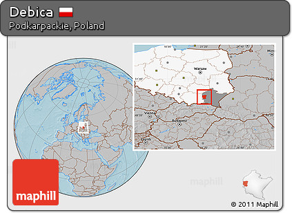 Gray Location Map of Debica, highlighted country, highlighted parent region, hill shading
