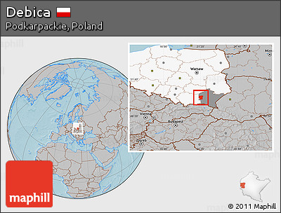 Gray Location Map of Debica, highlighted country, highlighted parent region, hill shading