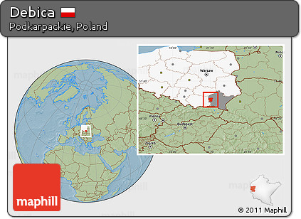 Savanna Style Location Map of Debica, highlighted country, highlighted parent region, hill shading