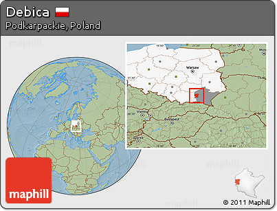 Savanna Style Location Map of Debica, highlighted country, highlighted parent region, hill shading