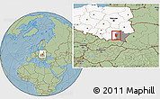 Savanna Style Location Map of Debica, highlighted country, highlighted parent region, hill shading