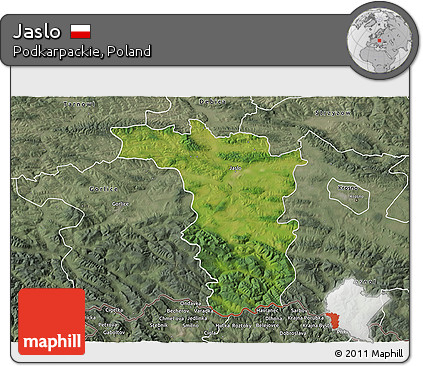 Satellite 3D Map of Jaslo, semi-desaturated