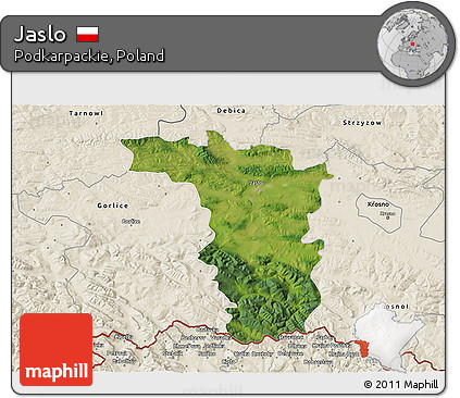 Satellite 3D Map of Jaslo, shaded relief outside