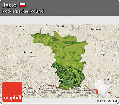 Satellite 3D Map of Jaslo, shaded relief outside