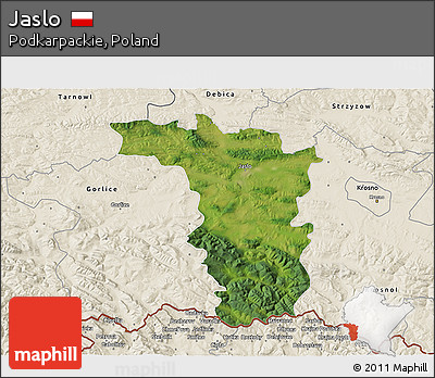 Satellite 3D Map of Jaslo, shaded relief outside