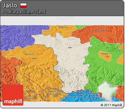 Shaded Relief 3D Map of Jaslo, political outside