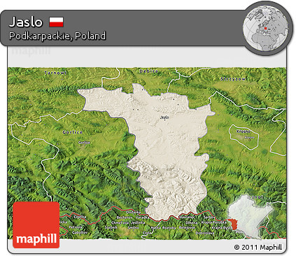 Shaded Relief 3D Map of Jaslo, satellite outside