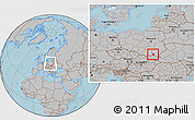 Gray Location Map of Jaslo, within the entire country, hill shading