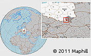 Gray Location Map of Jaslo, highlighted country, highlighted parent region, hill shading