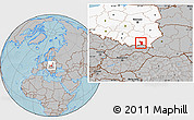 Gray Location Map of Jaslo, highlighted country, hill shading