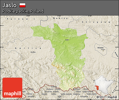 Physical Map of Jaslo, shaded relief outside
