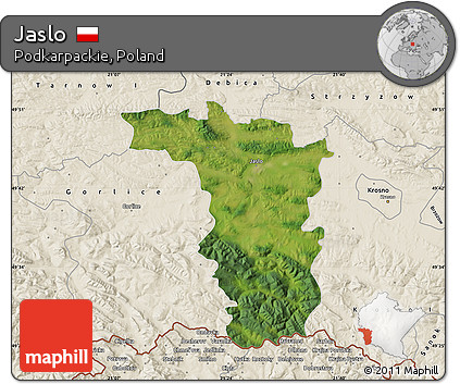 Satellite Map of Jaslo, shaded relief outside