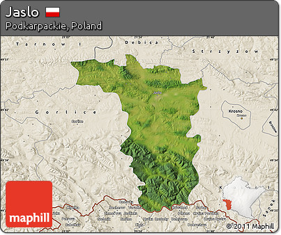Satellite Map of Jaslo, shaded relief outside