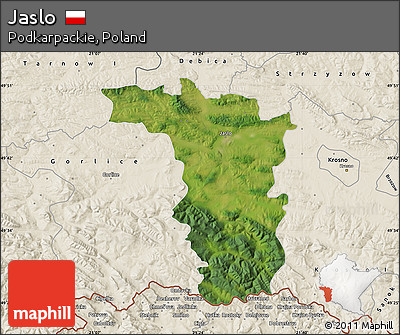 Satellite Map of Jaslo, shaded relief outside