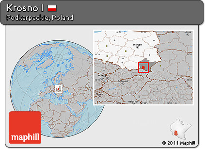 Gray Location Map of Krosno I, highlighted country, highlighted parent region, hill shading