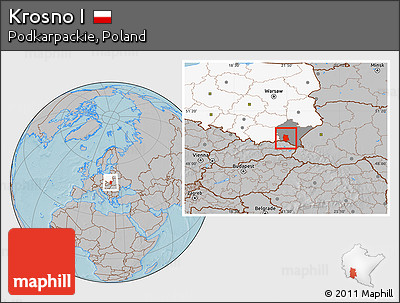 Gray Location Map of Krosno I, highlighted country, highlighted parent region, hill shading