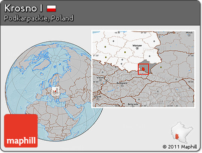 Gray Location Map of Krosno I, highlighted country, highlighted parent region, hill shading