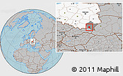 Gray Location Map of Krosno I, highlighted country, highlighted parent region, hill shading