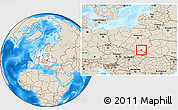 Shaded Relief Location Map of Krosno I, within the entire country