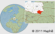 Savanna Style Location Map of Podkarpackie, highlighted country, hill shading
