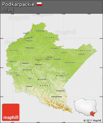Physical Map of Podkarpackie, single color outside