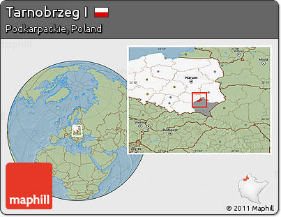 Savanna Style Location Map of Tarnobrzeg I, highlighted country, highlighted parent region, hill shading