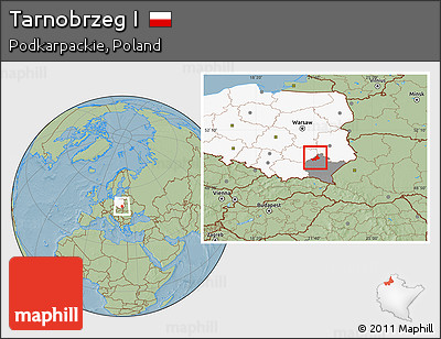 Savanna Style Location Map of Tarnobrzeg I, highlighted country, highlighted parent region, hill shading