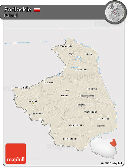 Shaded Relief 3D Map of Podlaskie, single color outside