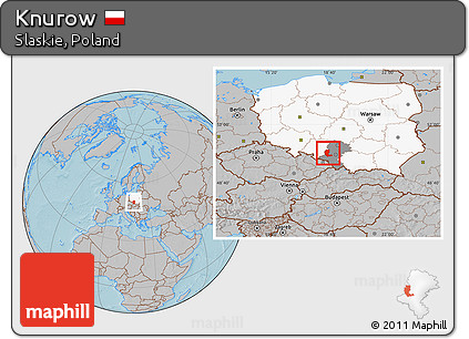 Gray Location Map of Knurow, highlighted country, highlighted parent region, hill shading