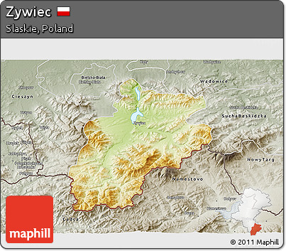 Physical 3D Map of Zywiec, semi-desaturated