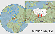 Savanna Style Location Map of Zywiec, highlighted country, highlighted parent region, within the entire country, hill shading