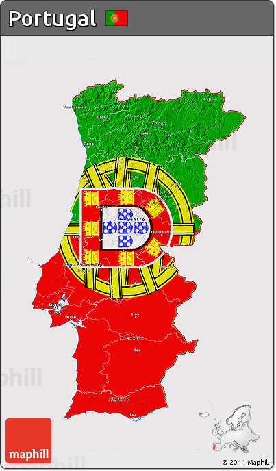 Flag 3D Map of Portugal, flag aligned to the middle