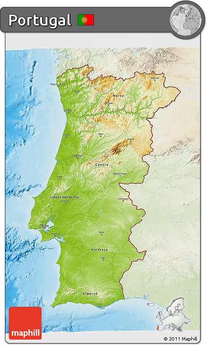 Physical 3D Map of Portugal, lighten, land only