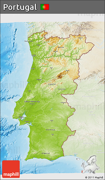Physical 3D Map of Portugal, lighten, land only