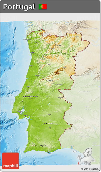 Physical 3D Map of Portugal, lighten, land only