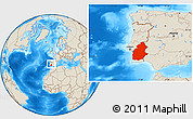 Shaded Relief Location Map of Alentejo, within the entire country