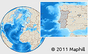 Gray Location Map of Portugal, shaded relief outside, hill shading