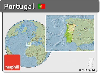 Physical Location Map of Portugal, savanna style outside, hill shading