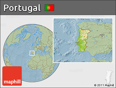 Physical Location Map of Portugal, savanna style outside, hill shading