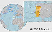 Political Location Map of Portugal, gray outside, hill shading