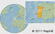 Political Location Map of Portugal, savanna style outside, hill shading