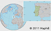 Savanna Style Location Map of Portugal, gray outside, hill shading inside